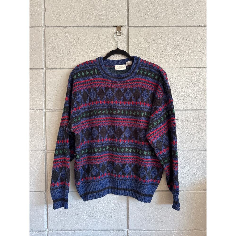 Classic Patterned Crewneck Sweater - Navy with Red & Green Accents